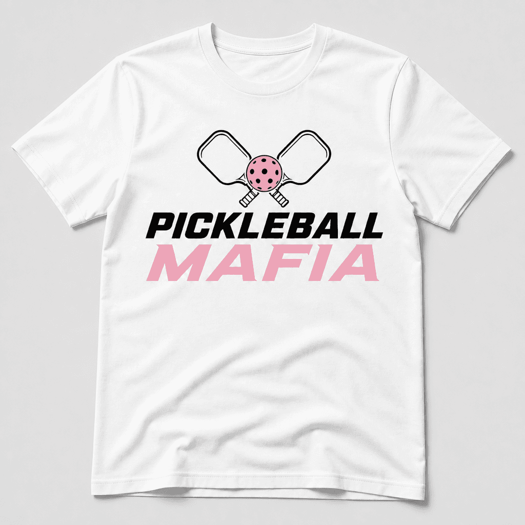 White Pickleball Mafia support tee with soft pink and black logo